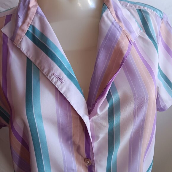 Women's large Vintage 70's Striped Button-Up Blouse Pastel Purple/Teal Stripes - Picture 2 of 7